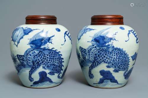 A pair of Chinese blue and white 'qilin' jars, Transitional period