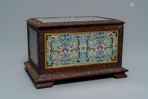 A rectangular Chinese cloisonné and wood box, 19th C.