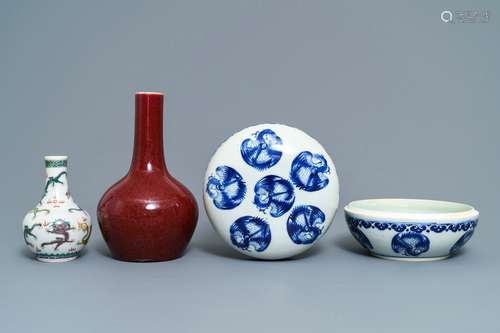 Two Chinese famille verte and sang de boeuf vases and a blue and white 'cranes' box, 19th C.