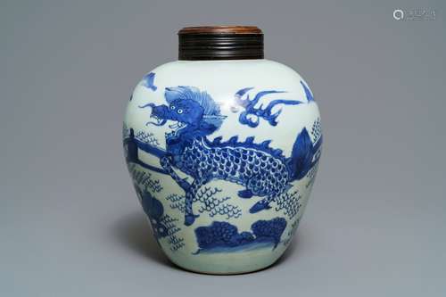 A Chinese blue and white 'qilin' jar, Transitional period