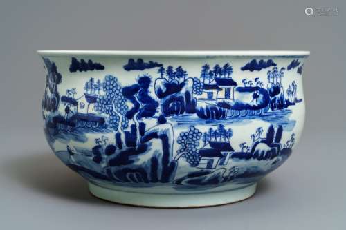 A Chinese blue and white 'river landscape' censer, 19th C.