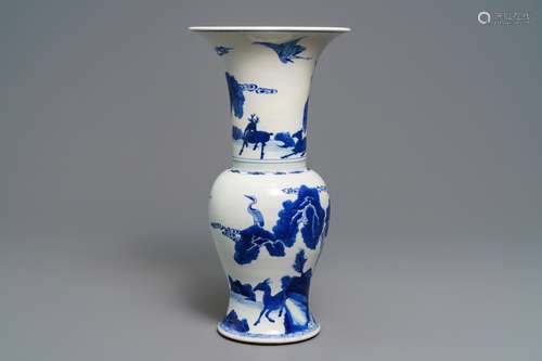 A Chinese blue and white 'deer and crane' yenyen vase, Kangxi