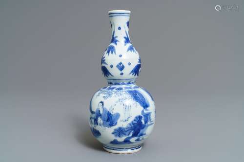 A Chinese blue and white double gourd vase with the calligrapher Wang Xizhi, Transitional period