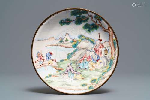 A Chinese Canton enamel dish with figures in a garden, Qianlong mark and of the period