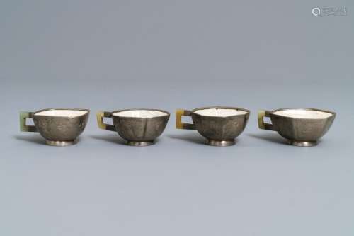 Four inscribed Chinese jade and pewter-mounted Yixing stoneware cups, 19/20th C.