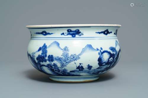 A Chinese blue and white censer with figures in a landscape, Kangxi