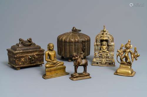 Four Indian Gujarat bronze votive figures and two covered boxes, 16th C. and later