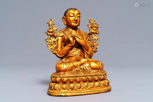 A large Chinese carved lacquered giltwood figure of Tsongkhapa, 18th C.