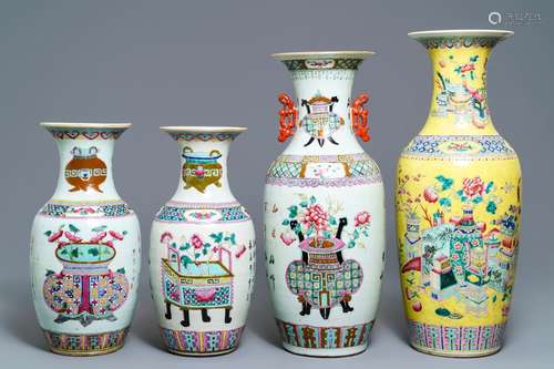 Four Chinese famille rose vases with antiquities design, 19th C.