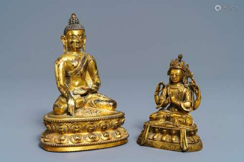 Two Sino-Tibetan gilt bronze figures of Buddha Shakyamuni and Avalokiteshvara, 18/19th C.