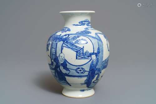 A Chinese blue and white 'Romance of the Western Chamber' vase, 19th C.