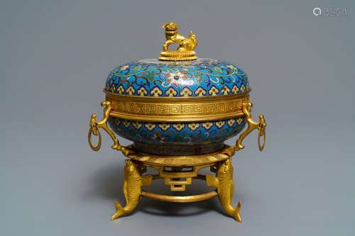 A gilt bronze mounted Chinese cloisonné box and cover, 19th C.