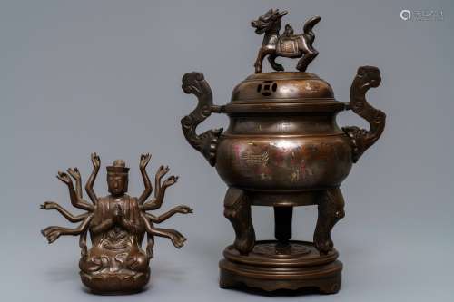 A silver inlaid bronze incense burner and a model of Avalokiteshvara, China or Vietnam, 19/20th C.