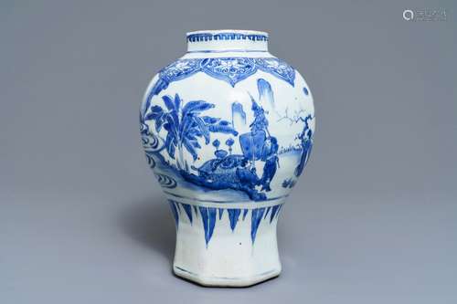 A Chinese blue and white baluster vase with figural design, Transitional period