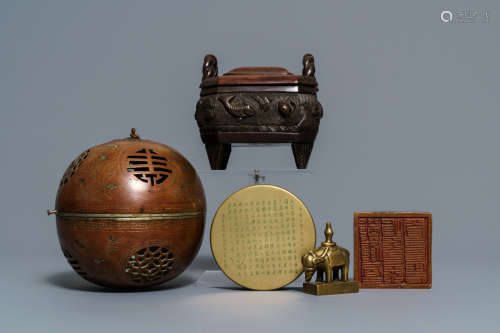 Two Chinese bronze censers, two seals and an inscribed box and cover, 19/20th C.