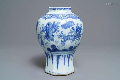 A Chinese blue and white baluster vase with unusual figural design, Transitional period