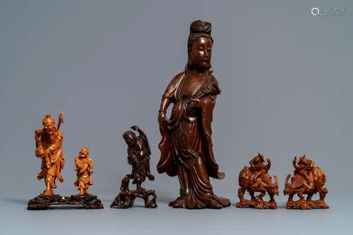 Six Chinese carved wood figures, 19/20th C.