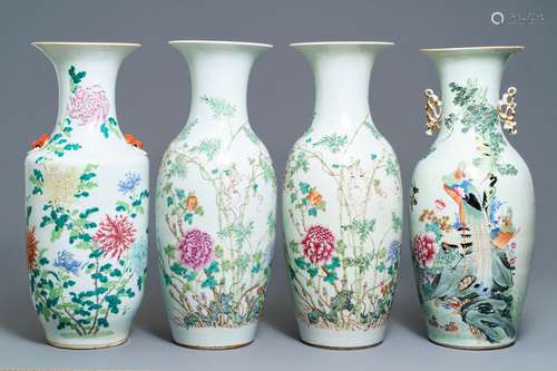 A pair and two individual Chinese famille rose vases with birds and butterflies among flowers, 19th C.