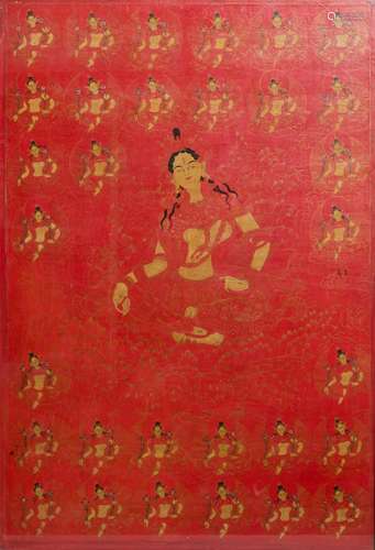 A red-ground thangka of Green Tara, Tibet, 17/18th C.