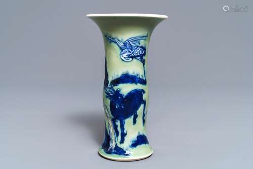 A Chinese blue, white and underglaze red celadon-ground gu vase, Kangxi