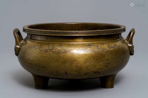 A large silver- and brass-inlaid bronze incense burner, China or Vietnam, 19th C.