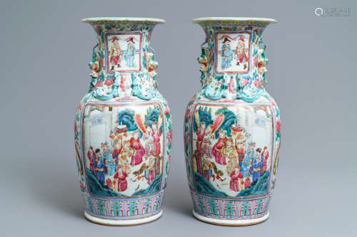 A pair of Chinese famille rose court scene vases, 19th C.