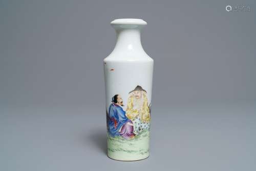 A Chinese famille rose rouleau vase with fishermen, Qianlong mark, Republic, 20th C.