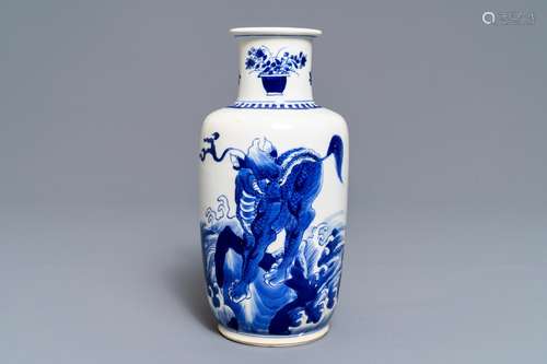 A Chinese blue and white rouleau vase with qilins, Kangxi