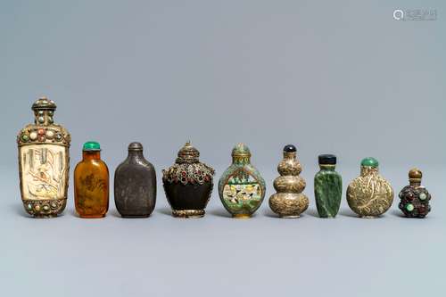 Nine various Chinese silver, glass and hardstone snuff bottles, 19/20th C.