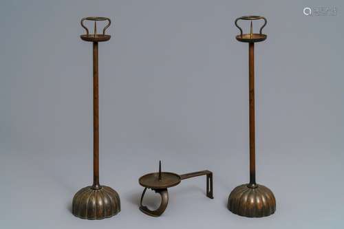 A pair of Japanese bronze shokudai candlesticks and a smaller example, Meiji/Showa, 19/20th C.