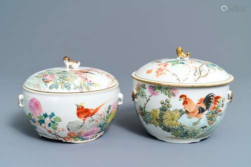 Two Chinese qianjiang cai covered bowls with birds, 19/20th C.