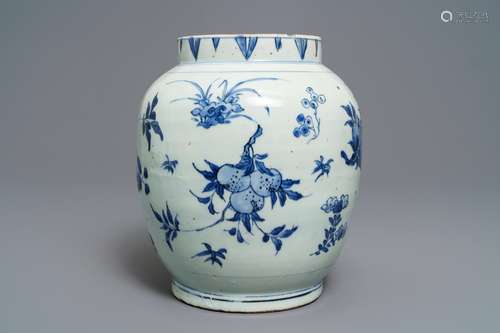 A Chinese blue and white jar with fruits and insects, Transitional period