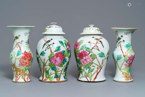 Four Chinese qianjiang cai vases with birds and flowers, 19/20th C.