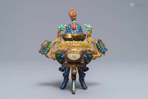 A Chinese jade-inlaid gilt and enamelled silver incense burner and cover, Republic, 20th C.