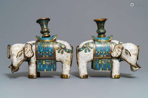 A pair of large Chinese cloisonné models of elephants, 19th C.