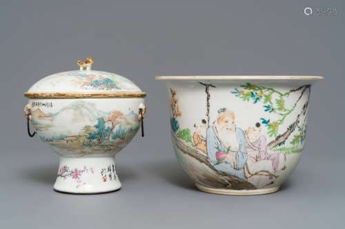 A Chinese qianjiang cai covered bowl on foot and a jardinière, 19/20th C.