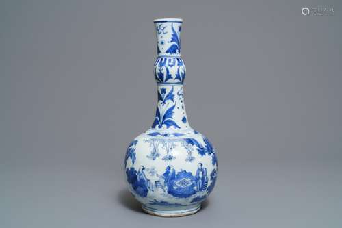 A Chinese blue and white bottle vase with figures in a landscape, Transitional period