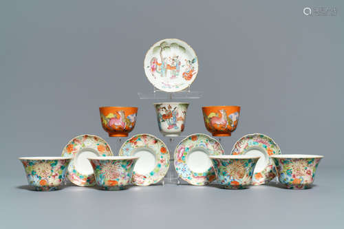 Five sets of Chinese famille rose cups and saucers and a pair of cups with horses, 19/20th C.