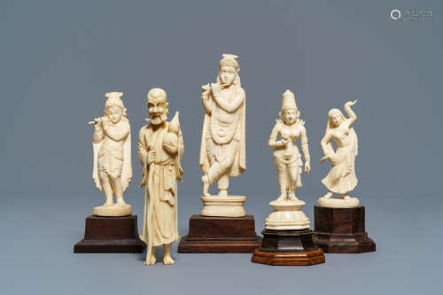 Four Indian carved ivory figures and a Chinese figure of Li Tieguai, 1st half 20th C.