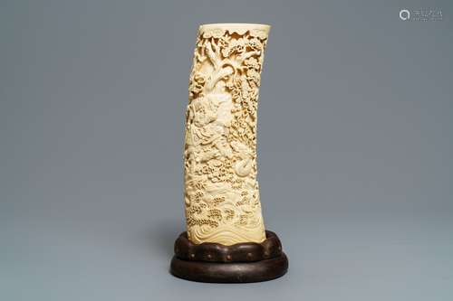 A large Japanese carved ivory brush pot, Meiji, 19th C.