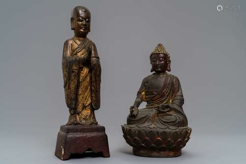 Two Chinese lacquered and gilt bronze figures of Mahakasyapa and Buddha Shakyamuni, Ming and later