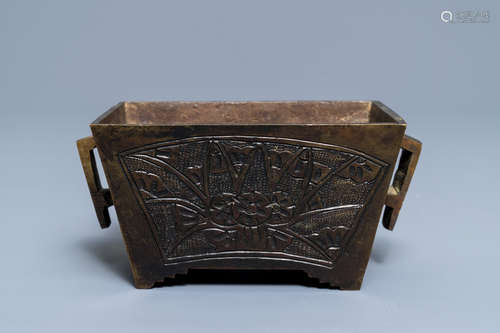 A rectangular Chinese bronze censer, Qianlong mark, 19th C.