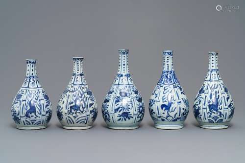 Five Chinese blue and white bottle vases, Wanli