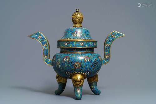 A large Chinese cloisonné incense burner and cover, 18/19th C.