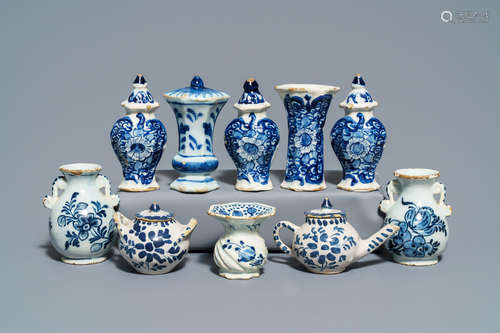 A varied collection of Dutch Delft blue and white miniatures, mostly 18th C.