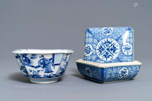 A Chinese blue and white square box and cover and a bowl, Chenghua mark, Kangxi