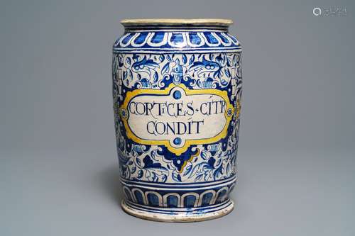 A large polychrome Antwerp maiolica 'a foglie' albarello, 2nd half 16th C.