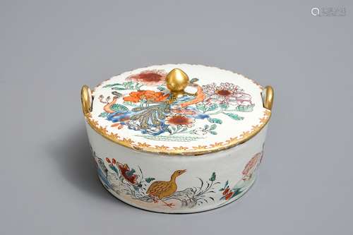 A polychrome petit feu and gilded Dutch Delft famille rose-style butter tub, 18th C.