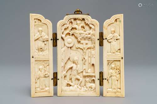 An Indo-Portuguese or Hispano-Philippine ivory triptych, 19th C. or older