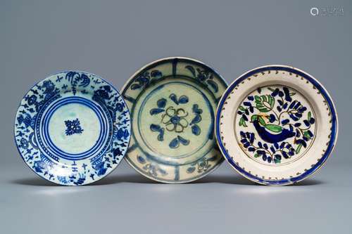 Three Islamic pottery plates, Syria and Iran, 19th C.